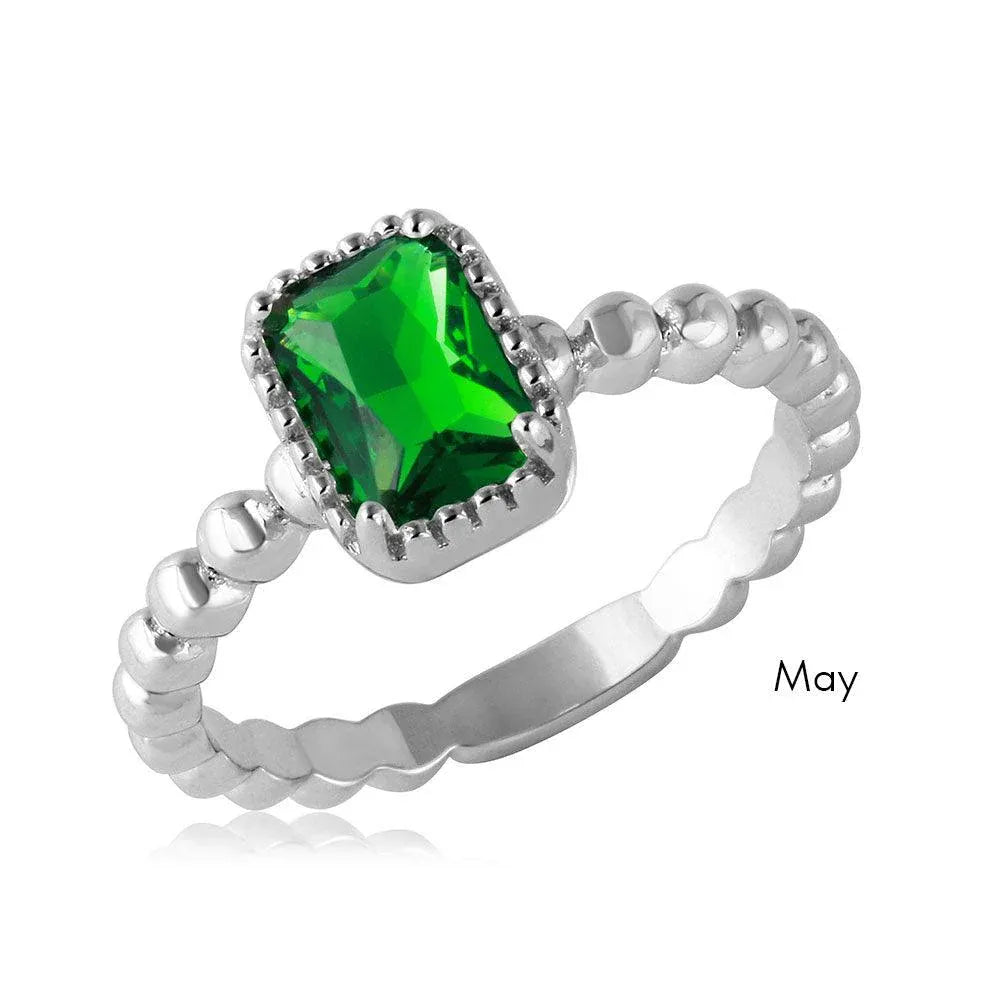 925 Sterling Silver Rhodium Plated May Beaded Shank Square Center Birthstone Ring
