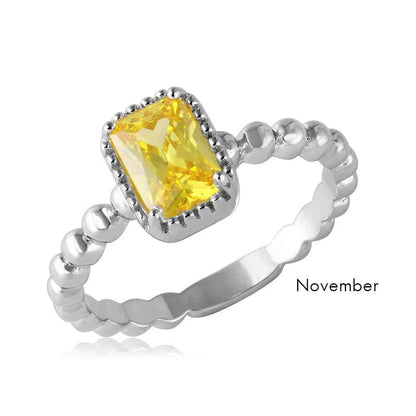 925 Sterling Silver November Rhodium Plated Beaded Shank Square Center Birthstone Ring