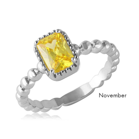 925 Sterling Silver November Rhodium Plated Beaded Shank Square Center Birthstone Ring