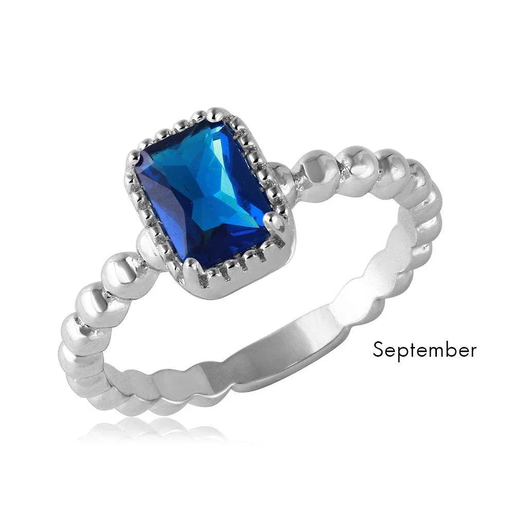 925 Sterling Silver September Rhodium Plated Beaded Shank Square Center Birthstone Ring