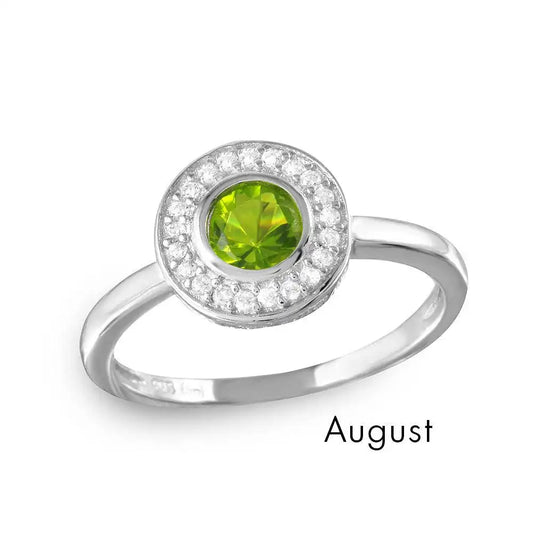 925 Sterling Silver August Rhodium Plated CZ Center Birthstone Halo Ring