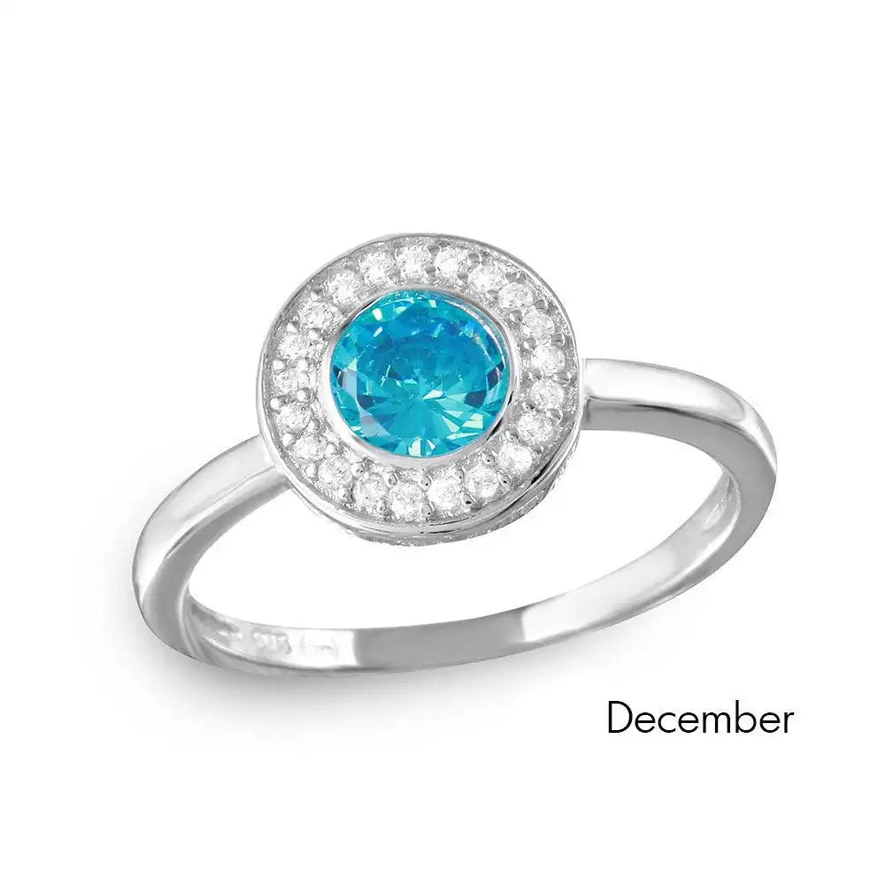 925 Sterling Silver December Rhodium Plated CZ Center Birthstone Halo Ring