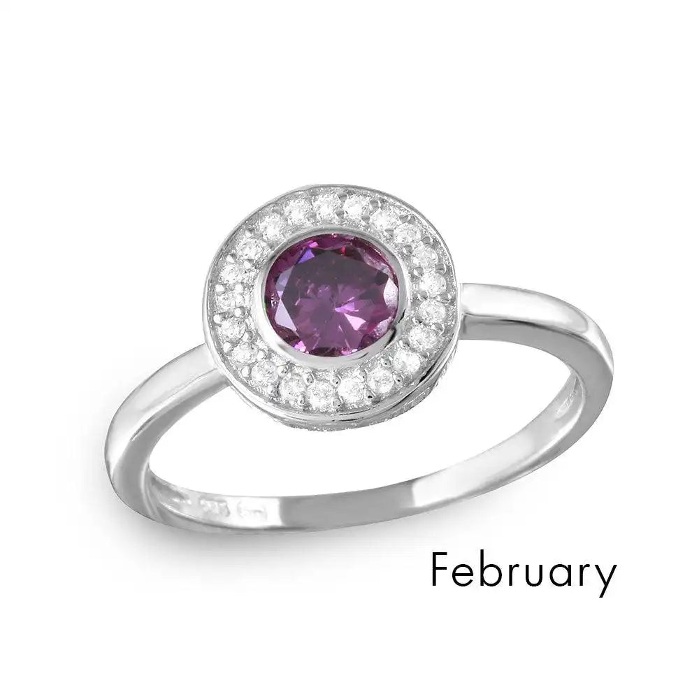 925 Rhodium Plated February Sterling Silver CZ Center Birthstone Halo Ring