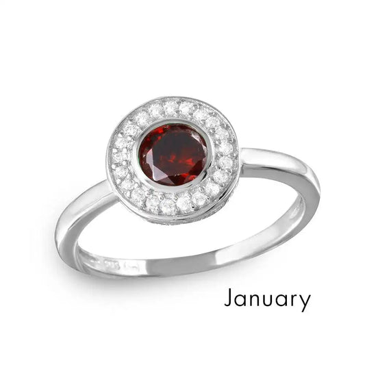 925 Sterling Silver January Rhodium Plated CZ Center Birthstone Halo Ring