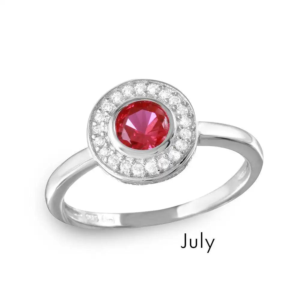 925 Rhodium Plated July Sterling Silver CZ Center Birthstone Halo Ring