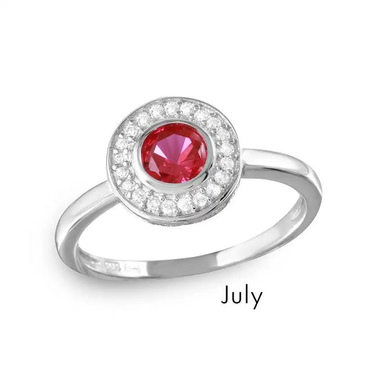 925 Rhodium Plated July Sterling Silver CZ Center Birthstone Halo Ring