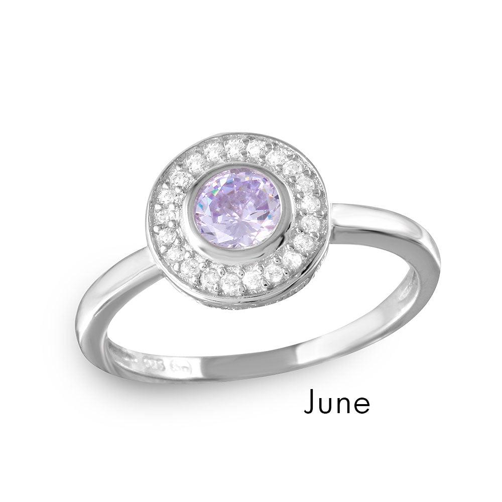 925 Sterling Silver June Rhodium Plated CZ Center Birthstone Halo Ring