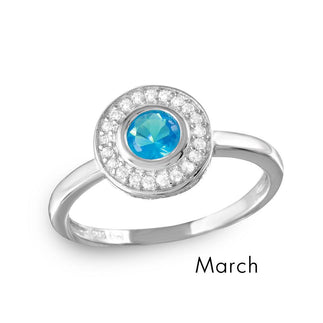 925 Silver March Sterling Rhodium Plated CZ Center Birthstone Halo Ring