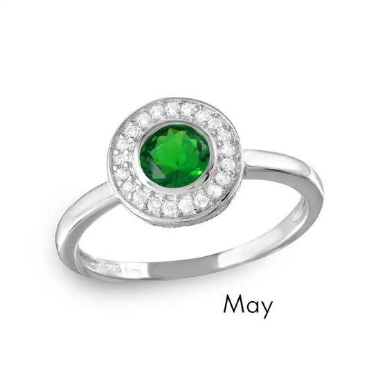 925 Sterling Silver May Rhodium Plated CZ Center Birthstone Halo Ring