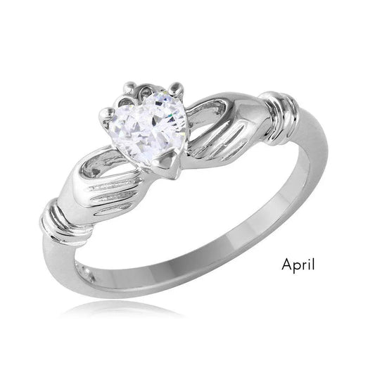 925 Rhodium Plated April Sterling Silver CZ Center Birthstone Claddagh Ring