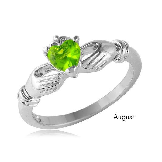925 Sterling Silver Rhodium Plated August CZ Center Birthstone Claddagh Ring