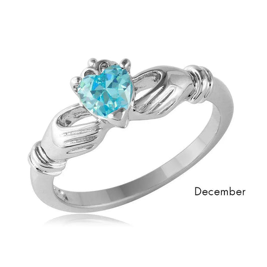 925 Sterling Silver Rhodium Plated CZ Center December Birthstone Claddagh Ring