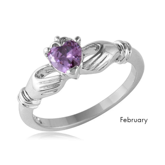 925 Sterling Silver February Rhodium Plated CZ Center Birthstone Claddagh Ring