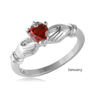 925 Sterling Silver January Rhodium Plated CZ Center Birthstone Claddagh Ring