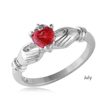 925 Sterling Silver July Rhodium Plated CZ Center Birthstone Claddagh Ring