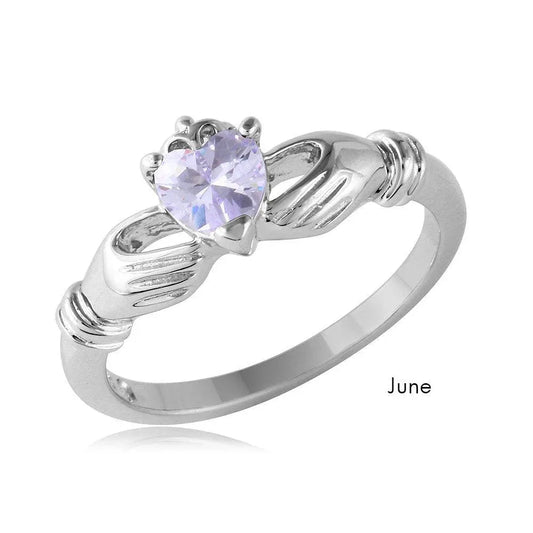 925 Sterling Silver June Rhodium Plated CZ Center Birthstone Claddagh Ring