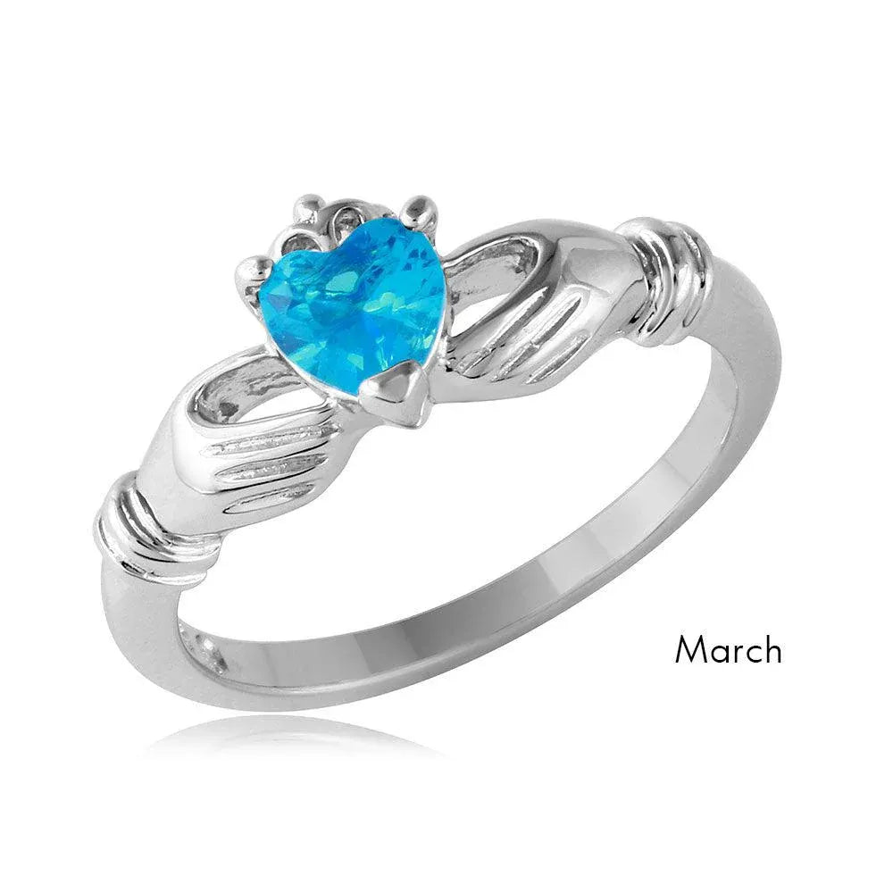 925 Rhodium Plated March Sterling Silver CZ Center Birthstone Claddagh Ring