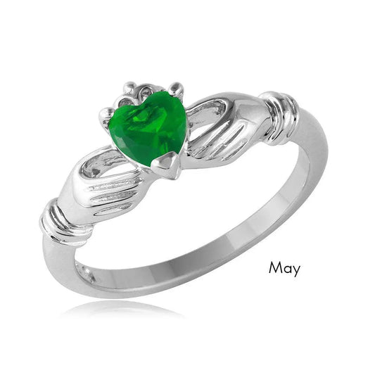 925 Rhodium Plated May Sterling Silver CZ Center Birthstone Claddagh Ring