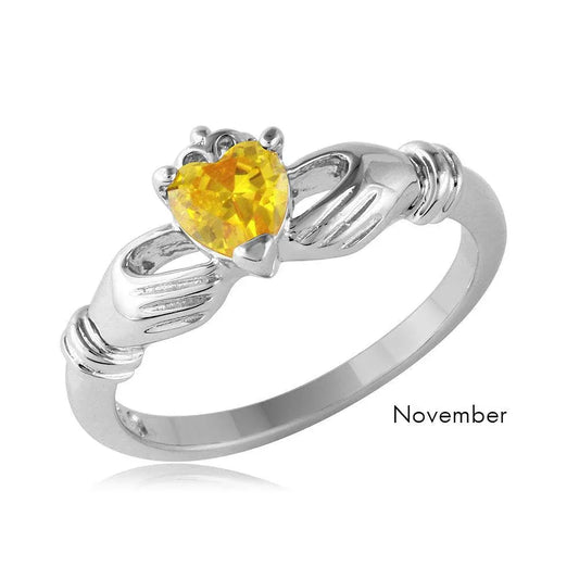925 Sterling Silver November Rhodium Plated CZ Center Birthstone Claddagh Ring