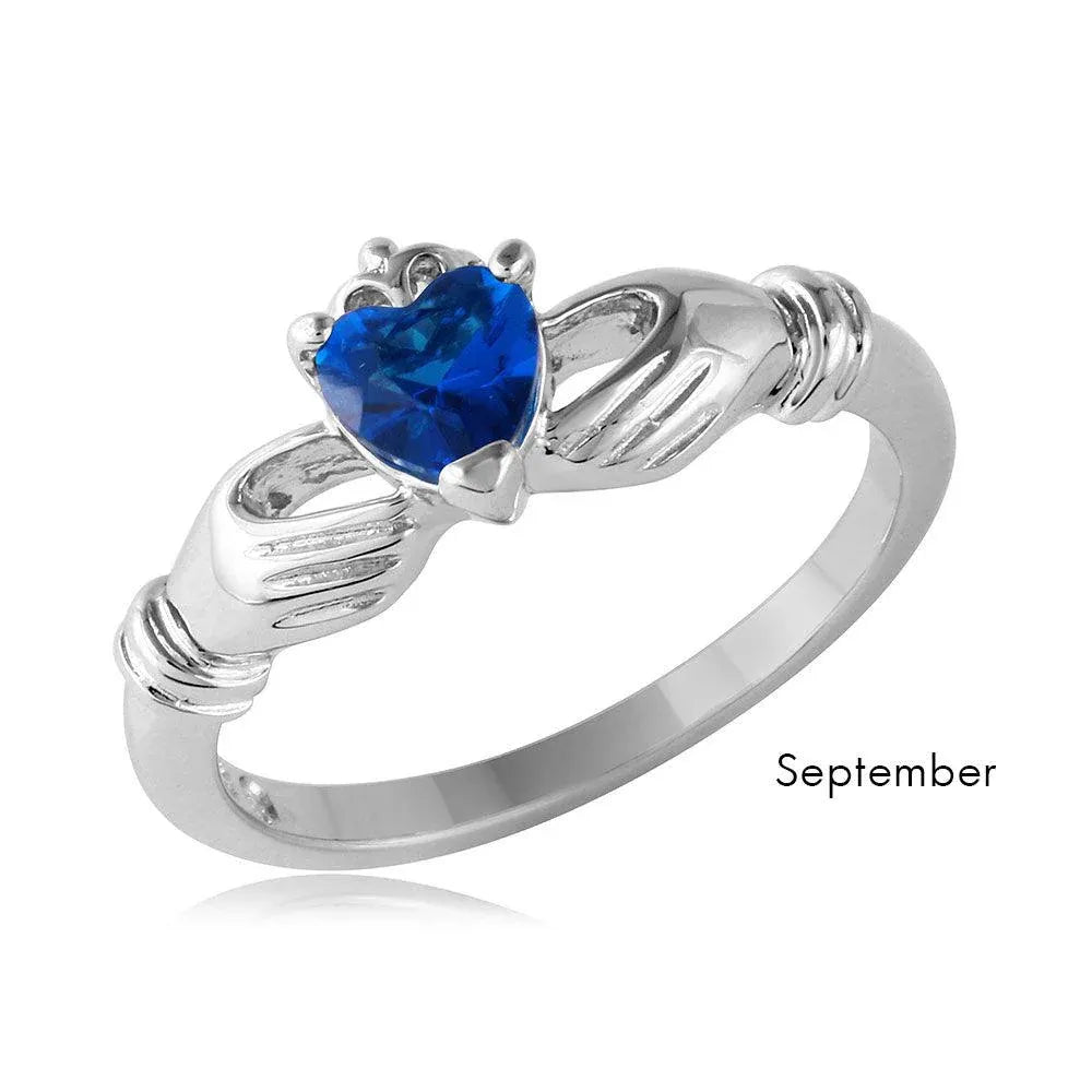 925 Sterling Silver September Rhodium Plated CZ Center Birthstone Claddagh Ring
