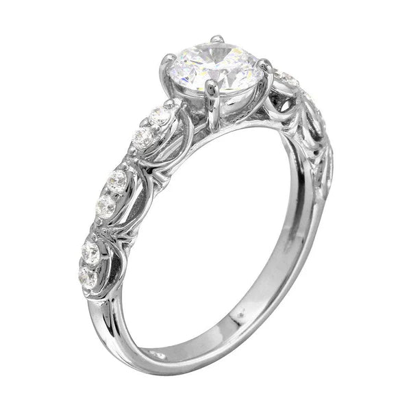 925 Sterling Silver Rhodium Plated Wave Shank Design Bridal CZ Ring