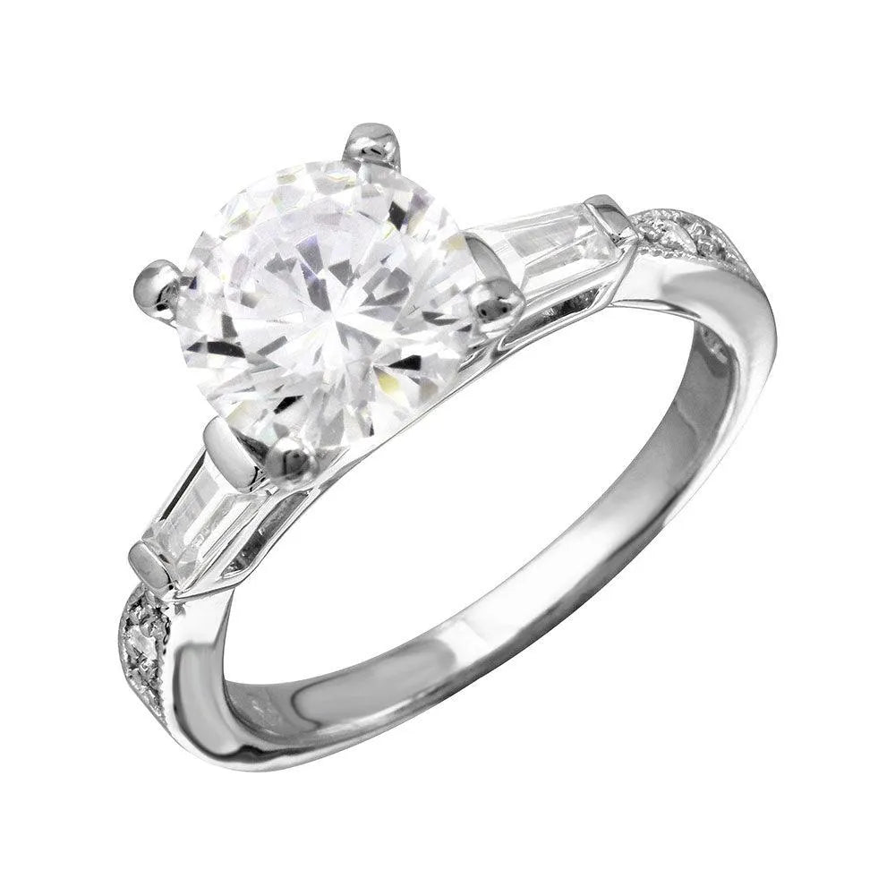 925 Sterling Silver Rhodium Plated Round Center Baguette Shank CZ Stone Bridal Ring