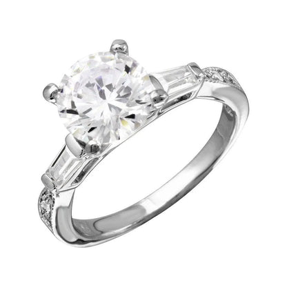 925 Sterling Silver Rhodium Plated Round Center Baguette Shank CZ Stone Bridal Ring