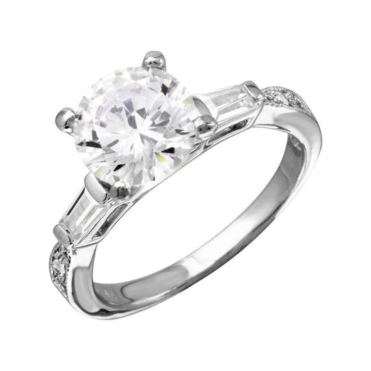 925 Sterling Silver Rhodium Plated Round Center Baguette Shank CZ Stone Bridal Ring