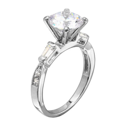 925 Sterling Silver Rhodium Plated Round Center Baguette Shank CZ Stone Bridal Ring