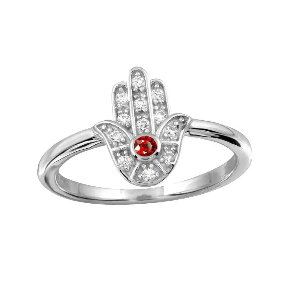 925 Sterling Silver Rhodium Plated Red Hamsa Ring with CZ