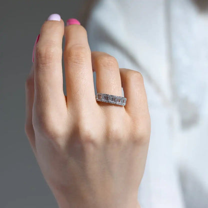 925 Sterling Silver Rhodium Plated 5 Square CZ Stone Ring