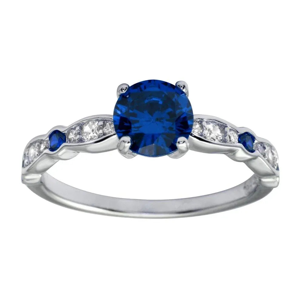 925 Sterling Silver Rhodium Plated  Blue Center CZ Stone Ring