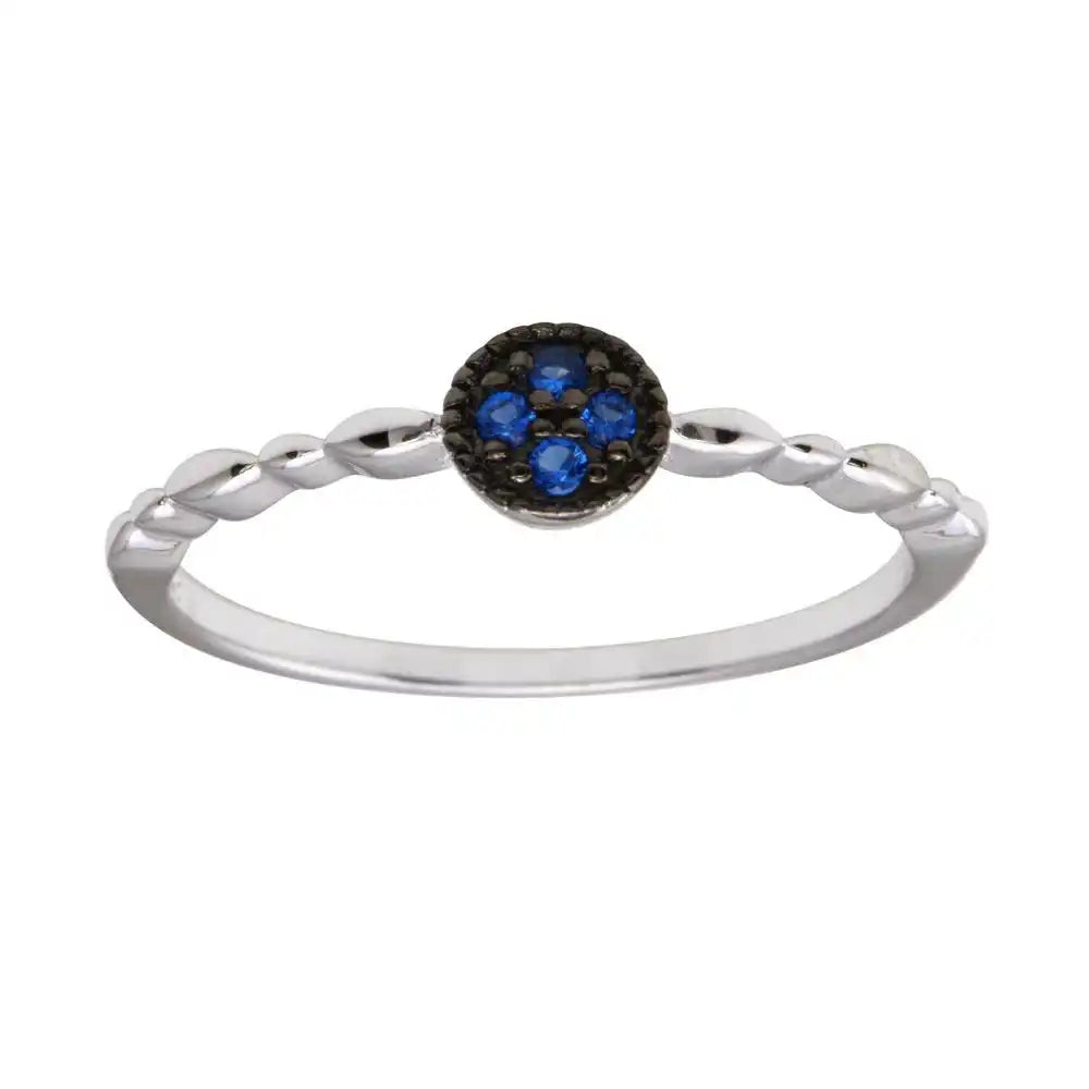 925 Sterling Silver Rhodium Plated Round Shape 4 Blue CZ Ring