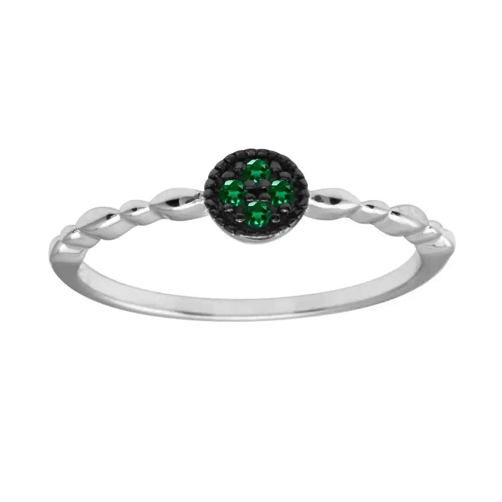 925 Sterling Silver Rhodium Plated Round Shape 4 Green CZ Ring