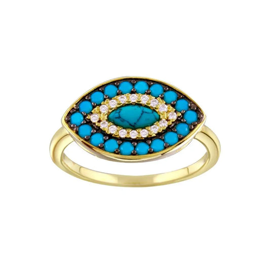 925 Sterling Silver Gold Plated Turquoise Clear CZ Evil Eye Ring