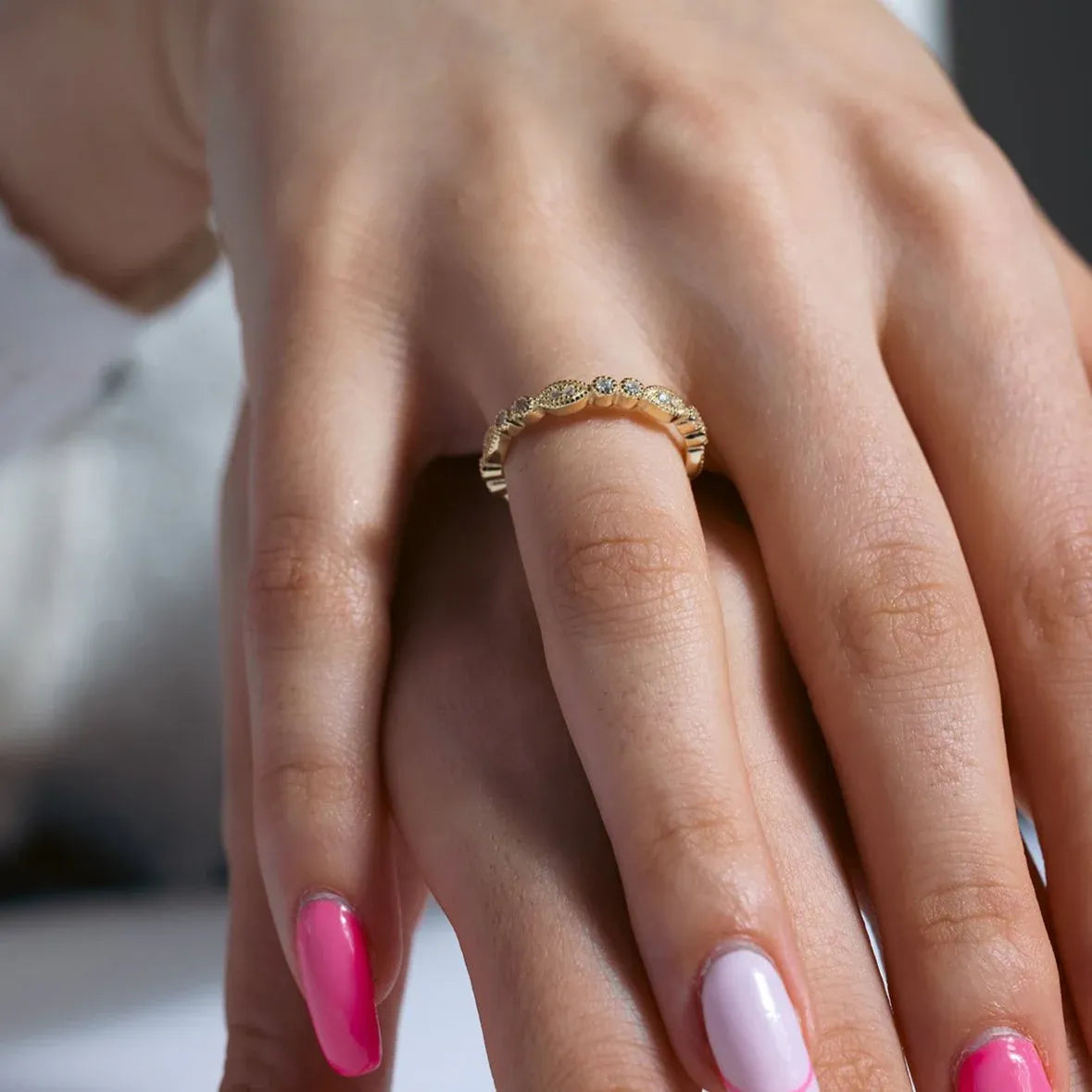 925 Sterling Silver Gold Plated Clear Round and Marquise CZ Stackable Eternity Ring