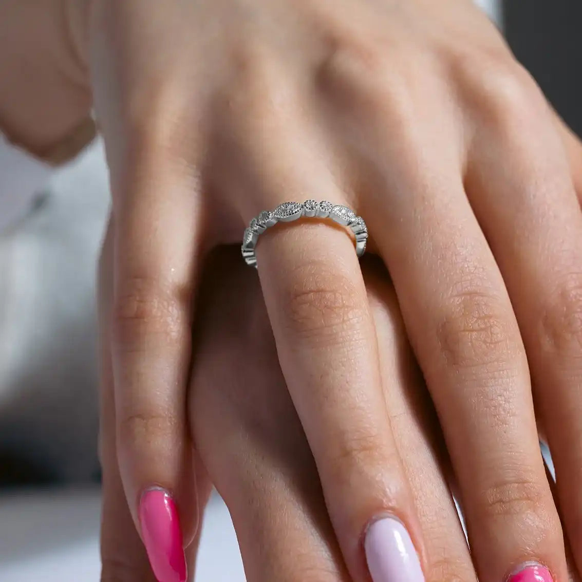 925 Sterling Silver Rhodium Plated Clear Round and Marquise CZ Stackable Eternity Ring