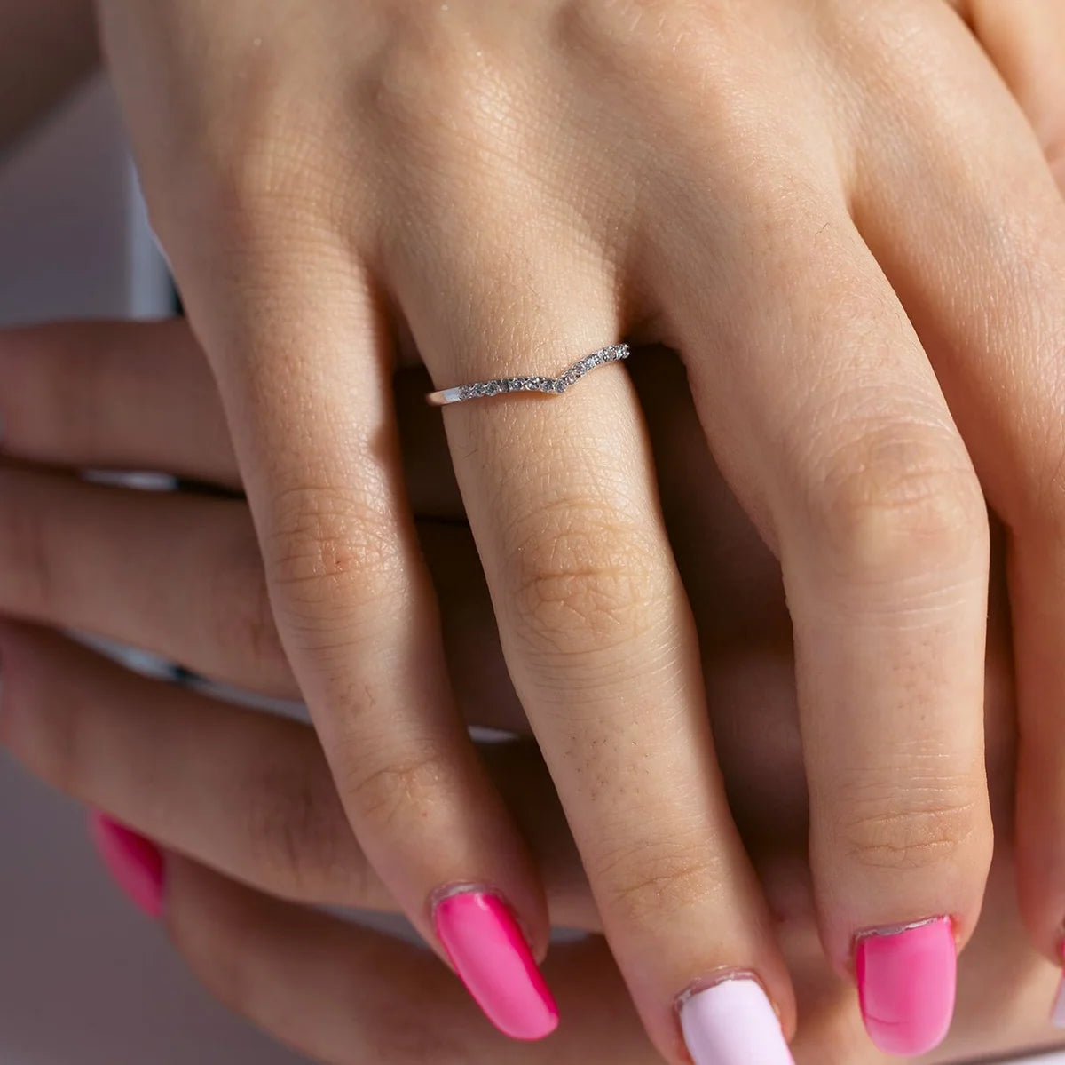 925 Silver Rhodium Plated Clear Inlay CZ Chevron Ring