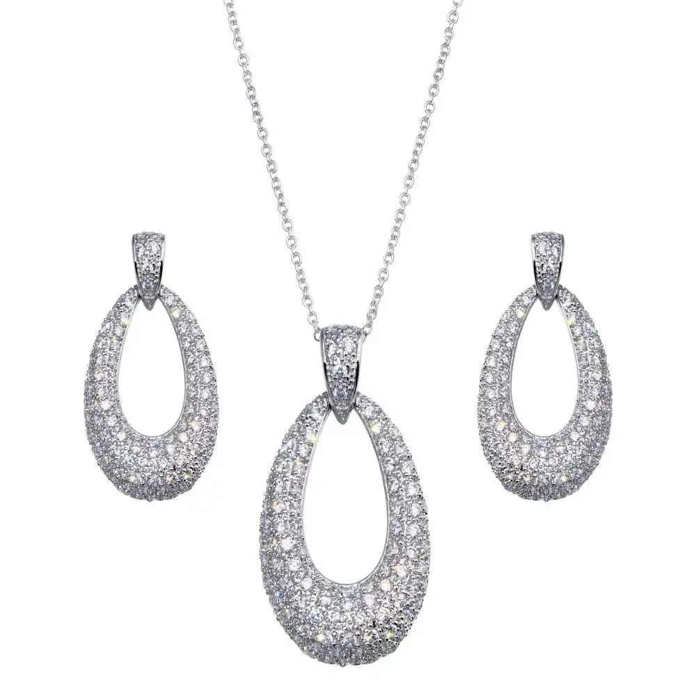925 Sterling Silver Clearance Rhodium Plated Open Oval Clear CZ Dangling Stud Earring and Necklace Set