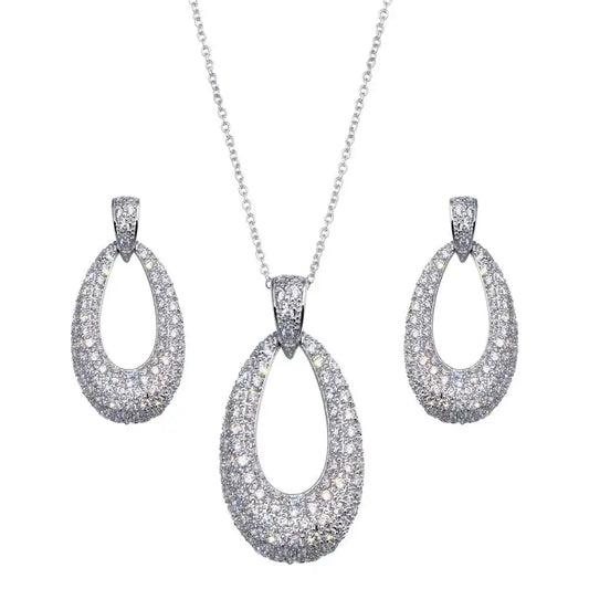 925 Sterling Silver Clearance Rhodium Plated Open Oval Clear CZ Dangling Stud Earring and Necklace Set
