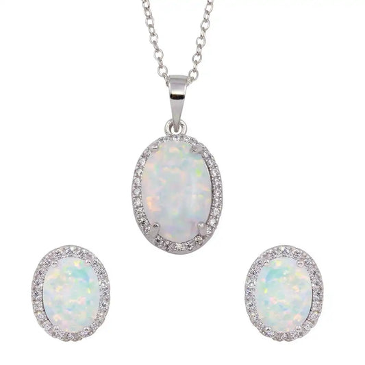 925 Sterling Silver Rhodium Plated Oval Synthetic Opal Set with CZ