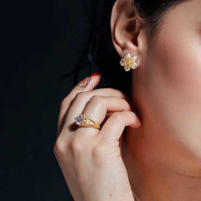 925 Silver Gold Plated Clear Center CZ Bridal Ring