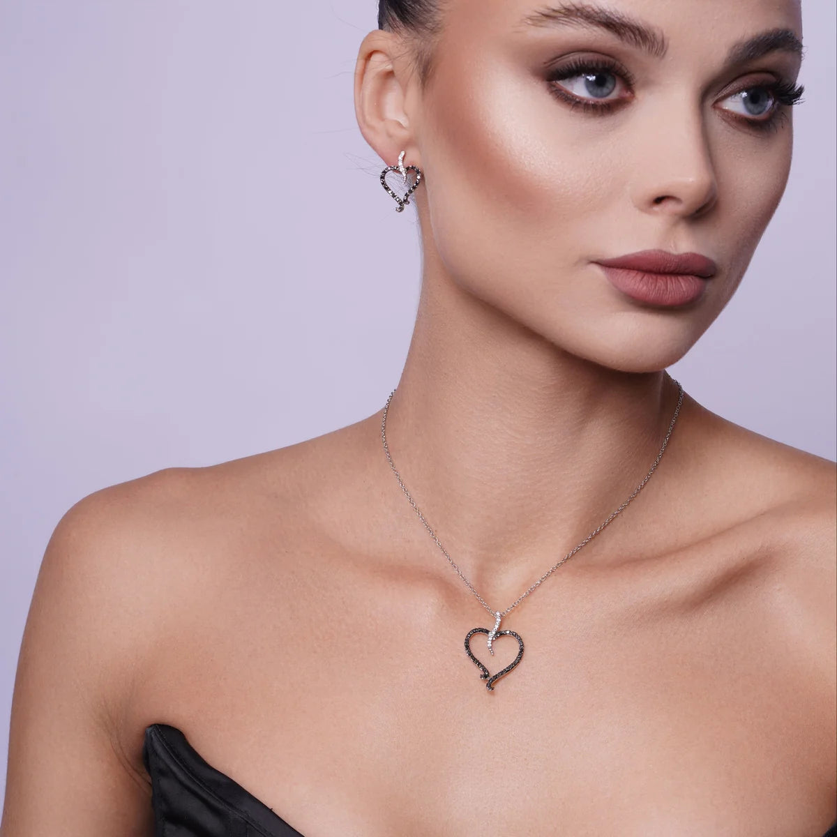 925 Silver Clearance-Rhodium Plated Black and Clear Open Heart CZ Stud Earring and Dangling Necklace Set