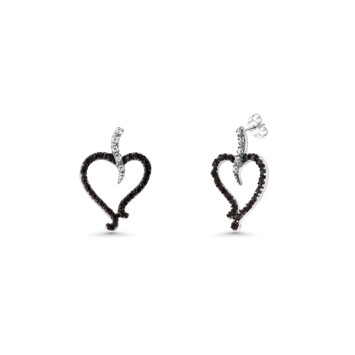 925 Silver Clearance-Rhodium Plated Black and Clear Open Heart CZ Stud Earring and Dangling Necklace Set
