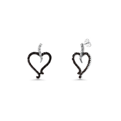 925 Silver Clearance-Rhodium Plated Black and Clear Open Heart CZ Stud Earring and Dangling Necklace Set