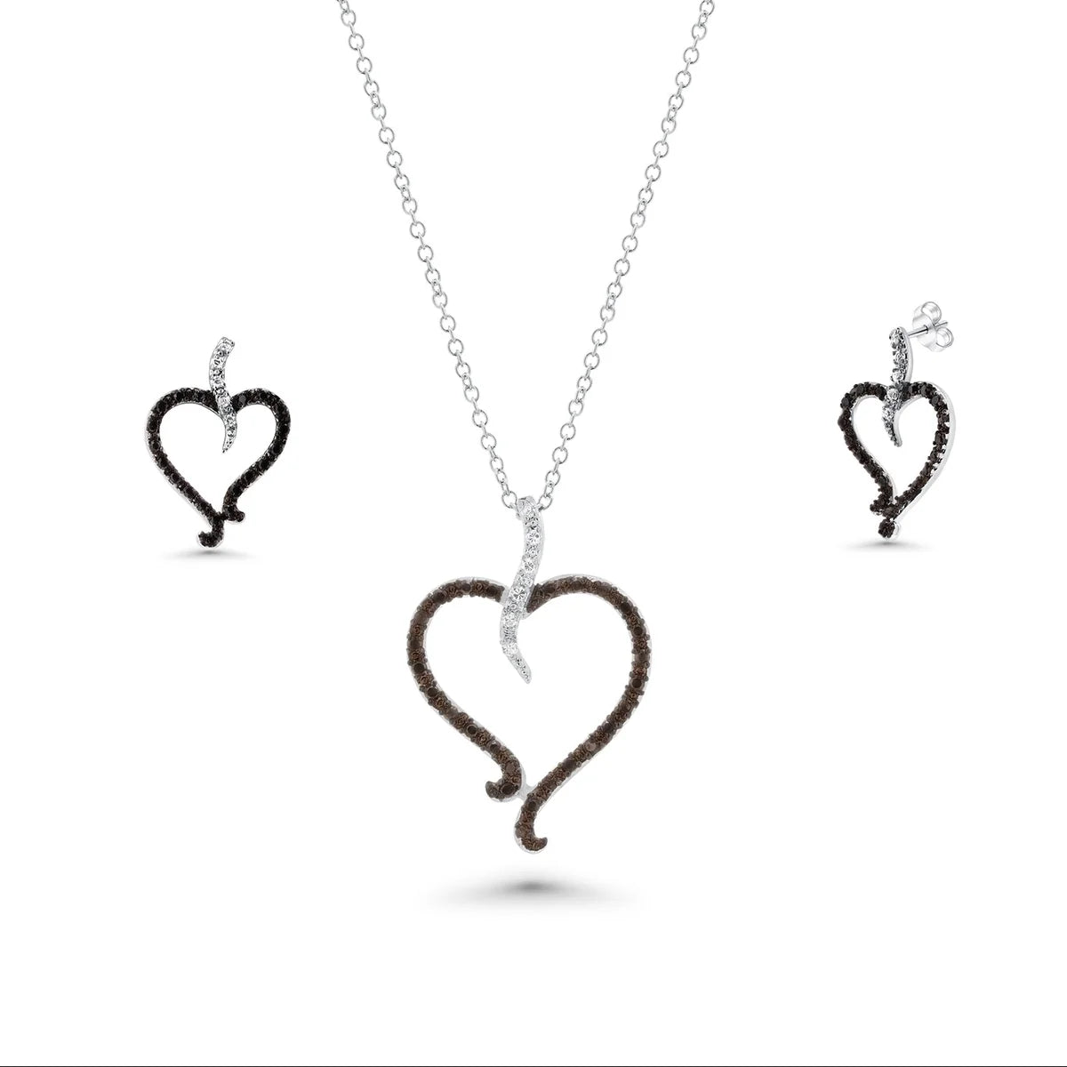 925 Silver Clearance-Rhodium Plated Black and Clear Open Heart CZ Stud Earring and Dangling Necklace Set