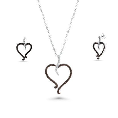 925 Silver Clearance-Rhodium Plated Black and Clear Open Heart CZ Stud Earring and Dangling Necklace Set
