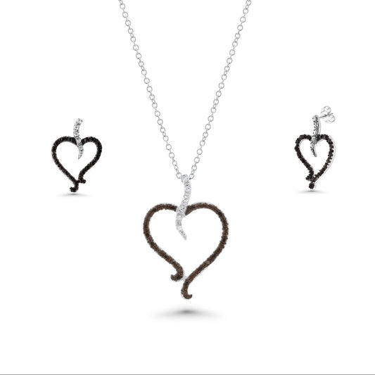 925 Silver Clearance-Rhodium Plated Black and Clear Open Heart CZ Stud Earring and Dangling Necklace Set