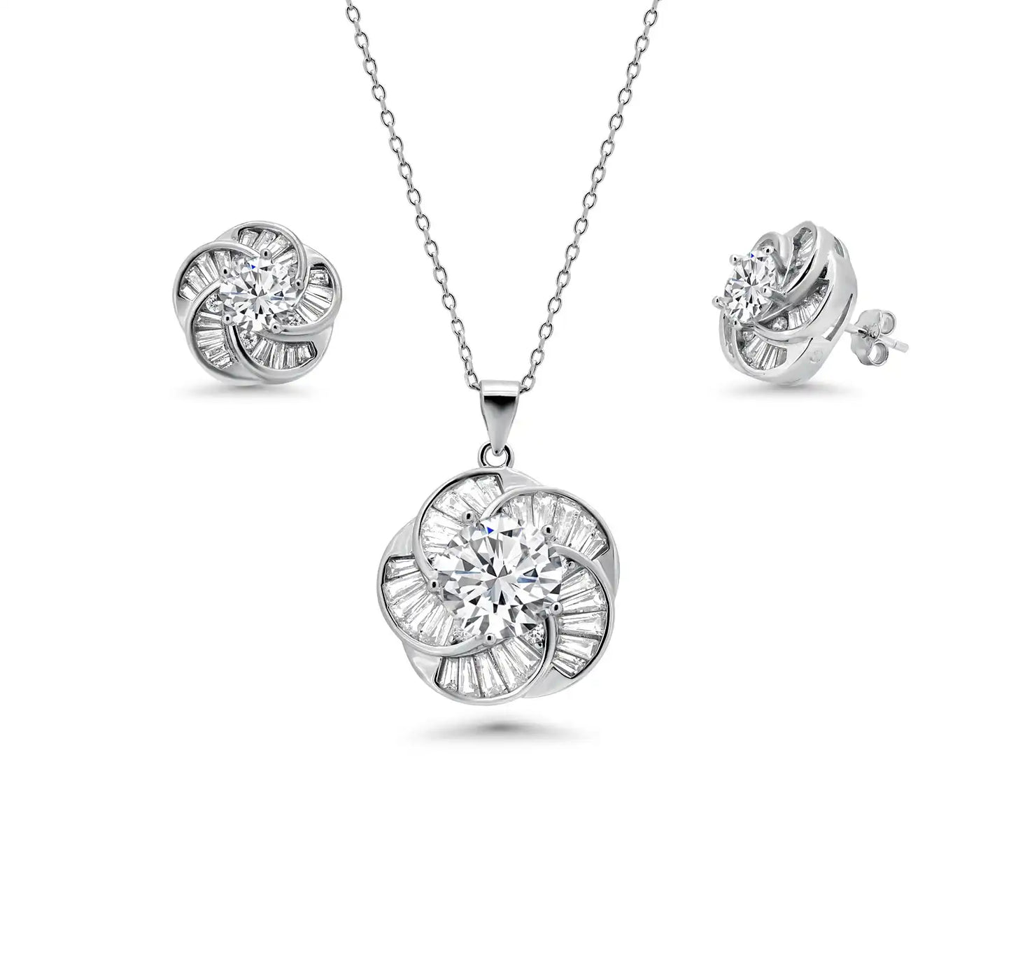 925 Sterling Silver Rhodium Plated Clear Baguette Spiral Flower CZ Earring and Necklace Set