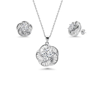 925 Sterling Silver Rhodium Plated Clear Baguette Spiral Flower CZ Earring and Necklace Set